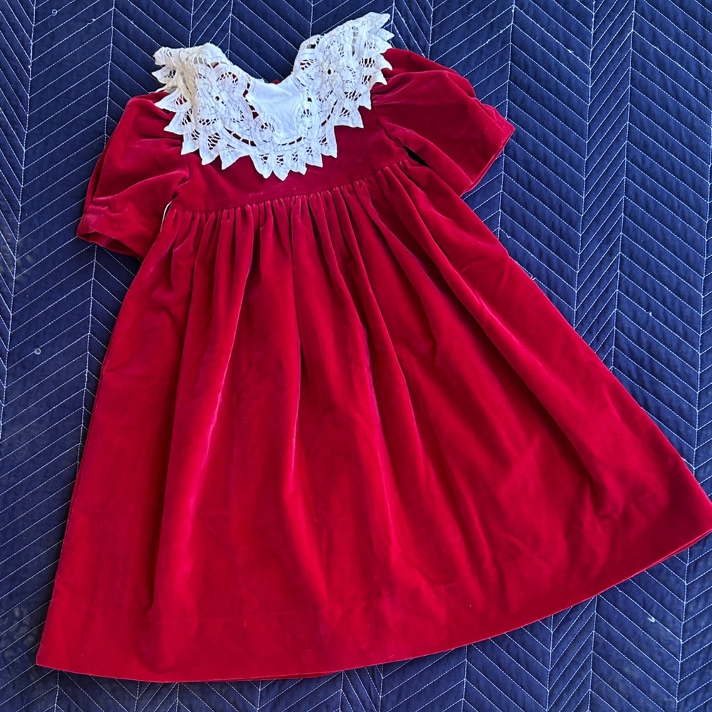 Red Velvet Dress with Lace Collar